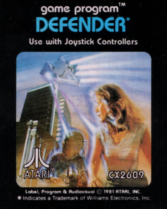 defender atari - game program Defender Use with Joystick Controllers Atari CX2609 Lobel, Program & Audiovisual 1981 Atari, Inc. Indicates a Trademark of Williams Electronics, Inc.